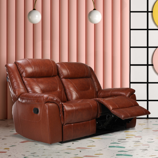 Two Seater Recliner Sofa - Joy Half Leather (Chestnut Two Tone)